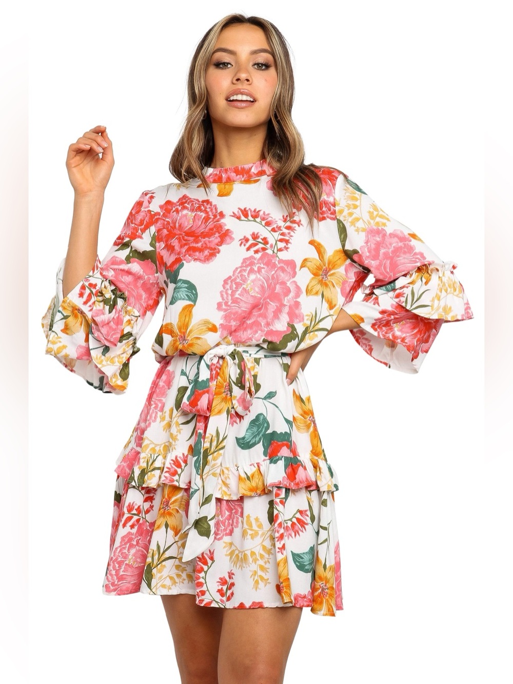 Petal + Pup Peta Floral Tiered Mini Dress Size S Bell Sleeve